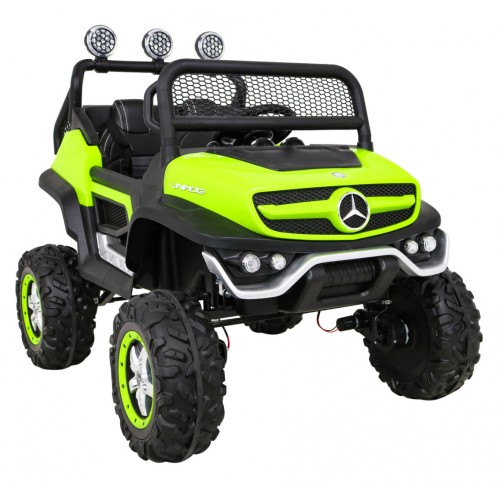 Mercedes Benz Unimog Kids zelená 4x4 Drive Remote Trunk Slow Start MP3 LED