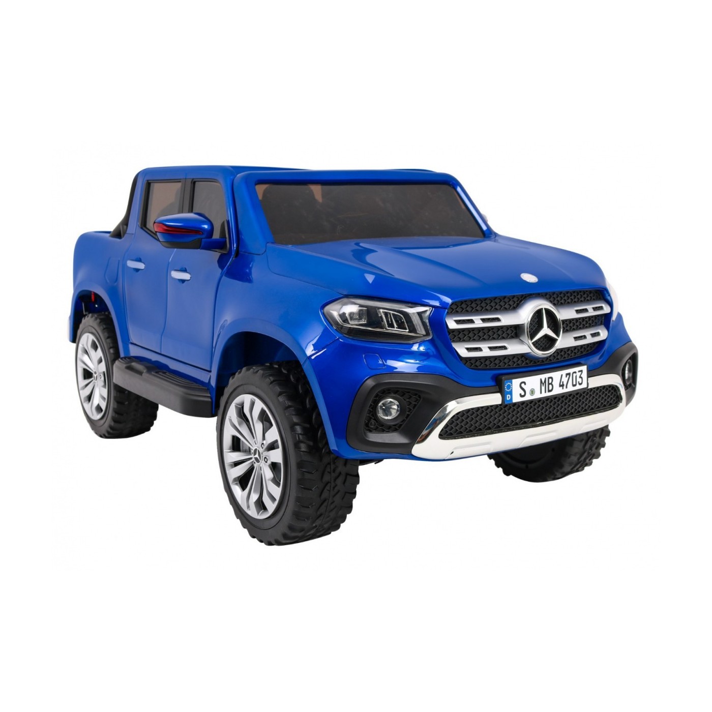 Dětský lak Mercedes Benz třídy X modrý dálkový ovladač 4x4 MP4 kufr EVA