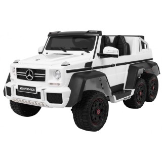 Auto Mercedes G63 6x6 Dětská bílá + 2 plynové pedály Nastavení sedadla LED Audio Kufr Rodičovský kufr