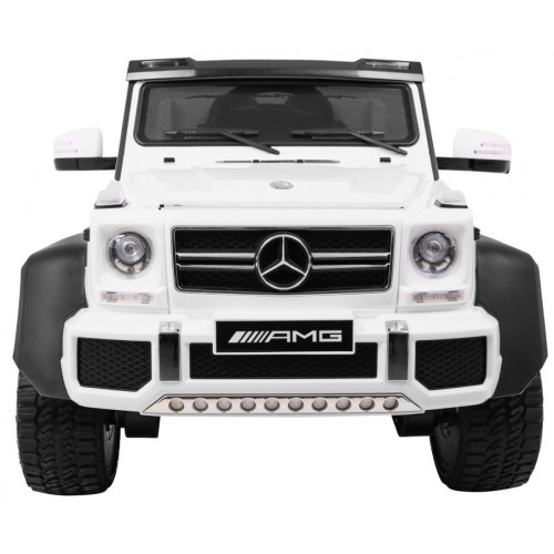 Auto Mercedes G63 6x6 Dětská bílá + 2 plynové pedály Nastavení sedadla LED Audio Kufr Rodičovský kufr