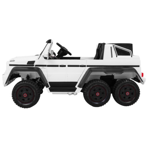 Auto Mercedes G63 6x6 Dětská bílá + 2 plynové pedály Nastavení sedadla LED Audio Kufr Rodičovský kufr