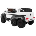 Auto Mercedes G63 6x6 Dětská bílá + 2 plynové pedály Nastavení sedadla LED Audio Kufr Rodičovský kufr