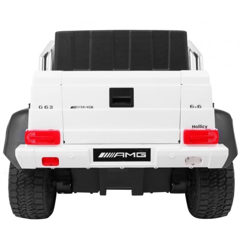 Auto Mercedes G63 6x6 Dětská bílá + 2 plynové pedály Nastavení sedadla LED Audio Kufr Rodičovský kufr