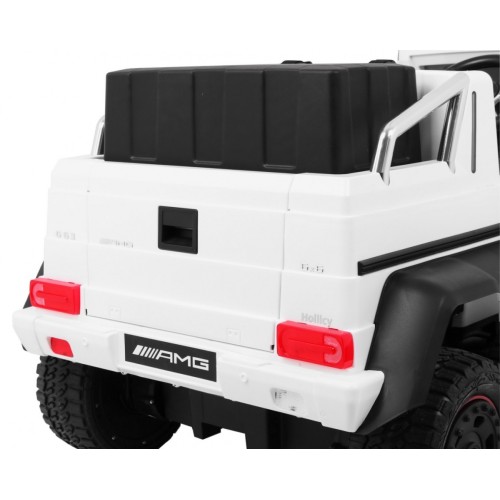 Auto Mercedes G63 6x6 Dětská bílá + 2 plynové pedály Nastavení sedadla LED Audio Kufr Rodičovský kufr
