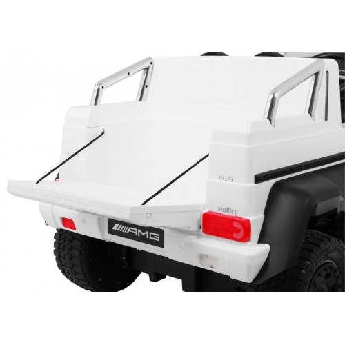 Auto Mercedes G63 6x6 Dětská bílá + 2 plynové pedály Nastavení sedadla LED Audio Kufr Rodičovský kufr