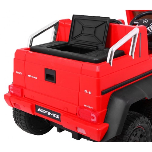 Auto Mercedes G63 6x6 Dětské červené + 2 plynové pedály Nastavení sedadla LED Audio Kufr Rodičovský kufr