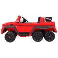 Auto Mercedes G63 6x6 MP4 Kids červená + 2 plynové pedály + nastavení sedadla + MP4 + LED + kufr + nadřazený kufr