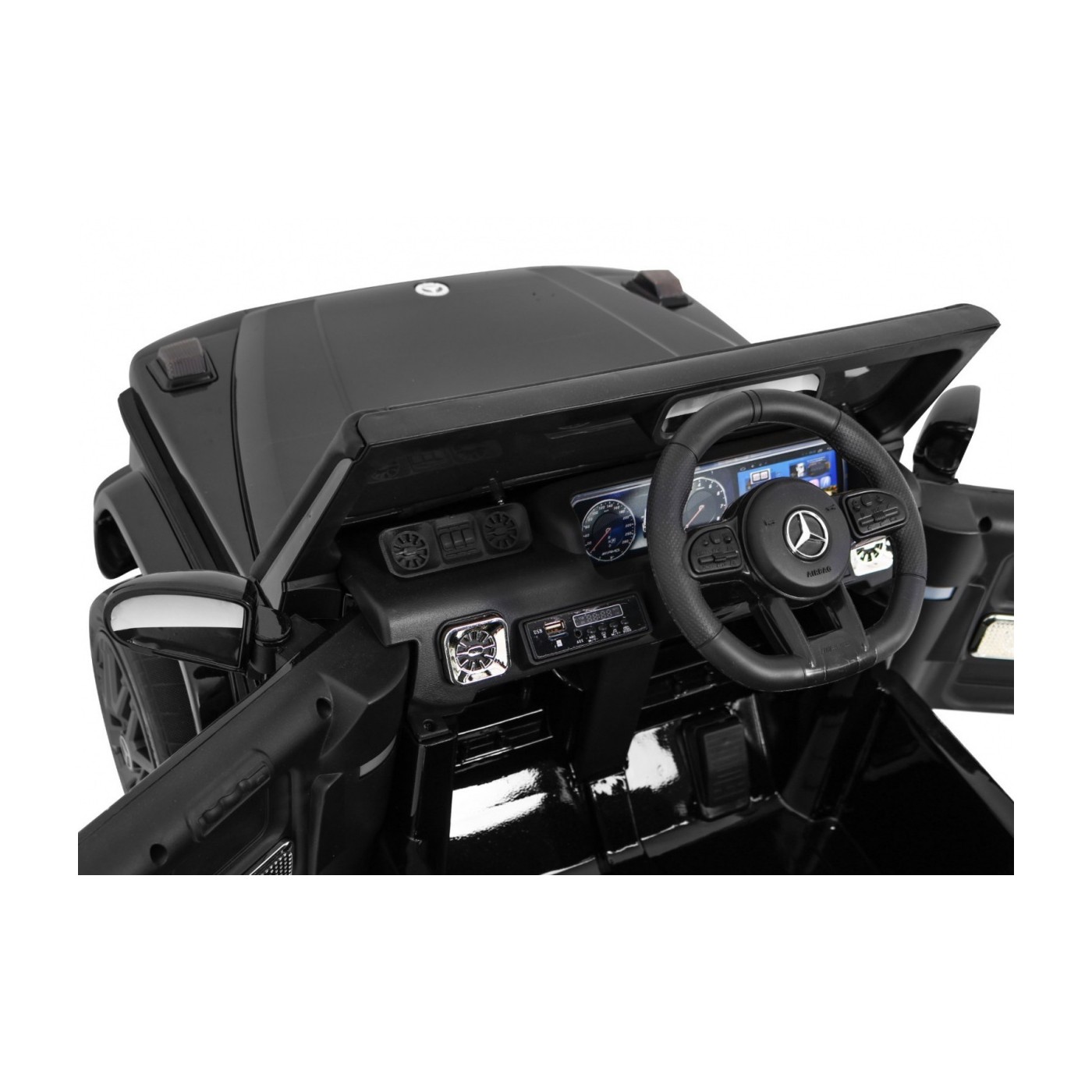 Dětský lak Mercedes AMG G63 černý + dálkové ovládání + MP3 LED + pomalý start + EVA + pásy