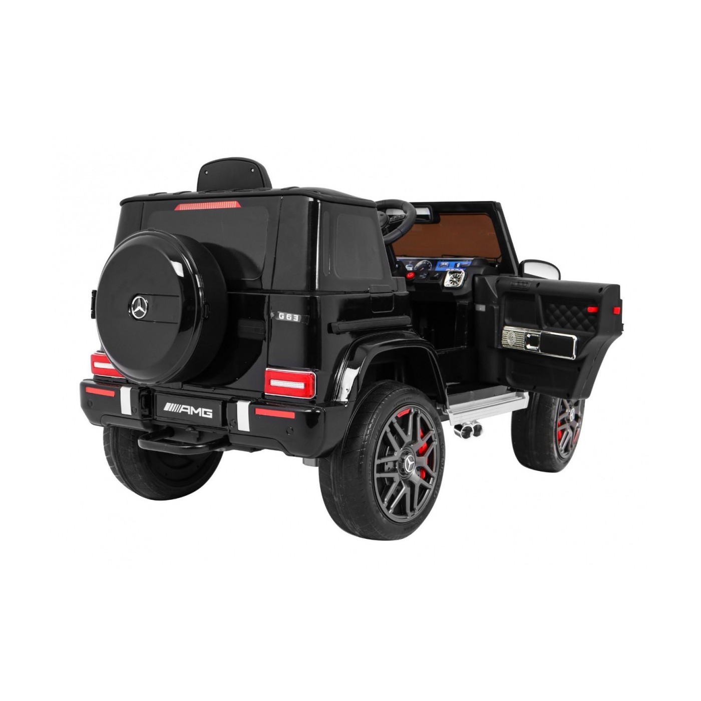 Dětský lak Mercedes AMG G63 černý + dálkové ovládání + MP3 LED + pomalý start + EVA + pásy