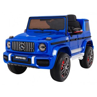 Dětský lak Mercedes AMG G63 modrý + dálkové ovládání + MP3 LED + pomalý start + EVA + pásy