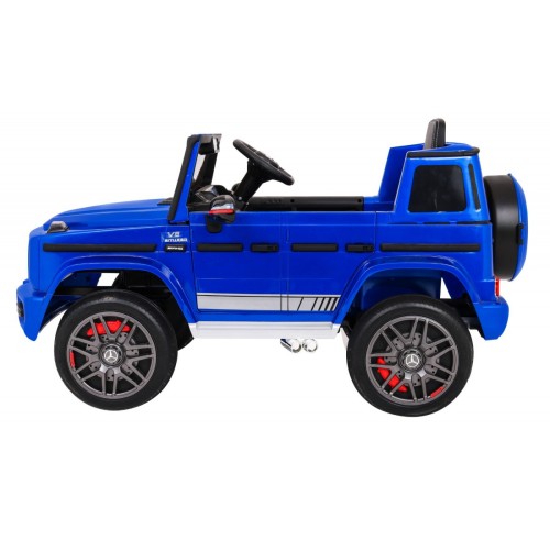 Dětský lak Mercedes AMG G63 modrý + dálkové ovládání + MP3 LED + pomalý start + EVA + pásy