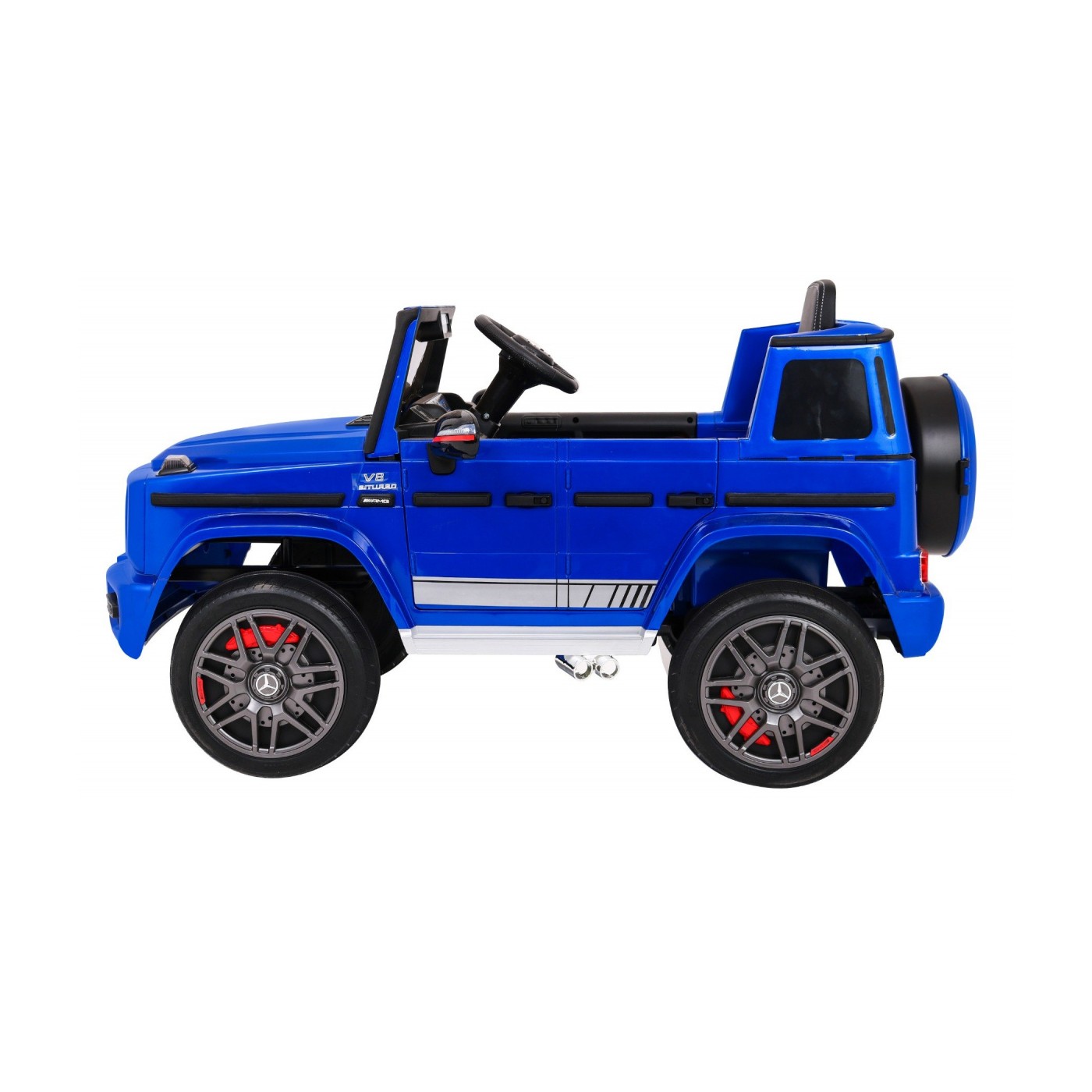 Dětský lak Mercedes AMG G63 modrý + dálkové ovládání + MP3 LED + pomalý start + EVA + pásy