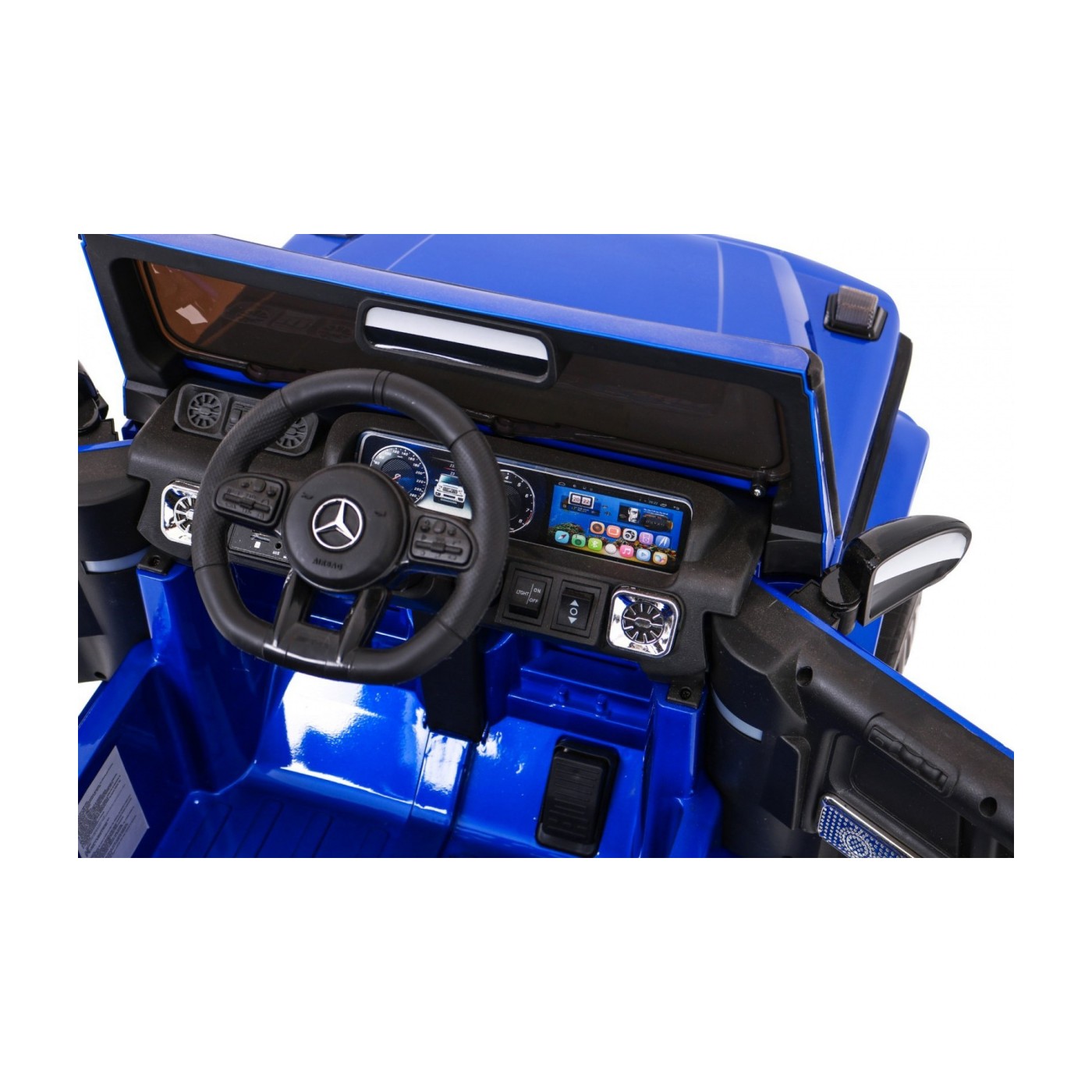 Dětský lak Mercedes AMG G63 modrý + dálkové ovládání + MP3 LED + pomalý start + EVA + pásy