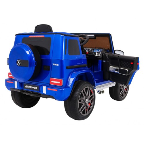 Dětský lak Mercedes AMG G63 modrý + dálkové ovládání + MP3 LED + pomalý start + EVA + pásy