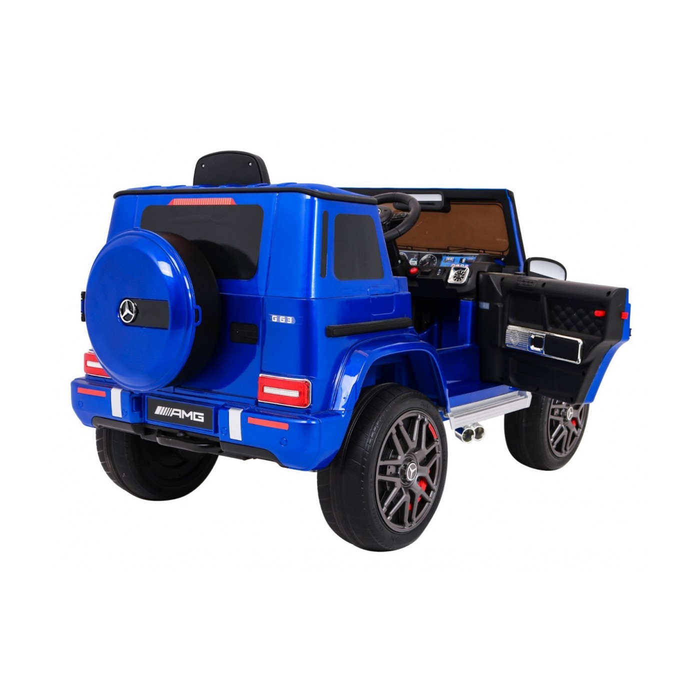 Dětský lak Mercedes AMG G63 modrý + dálkové ovládání + MP3 LED + pomalý start + EVA + pásy