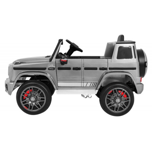 Dětský lak Mercedes AMG G63 stříbrný + dálkové ovládání + MP3 LED + pomalý start + EVA + řemeny