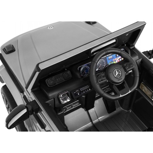 Dětský lak Mercedes AMG G63 stříbrný + dálkové ovládání + MP3 LED + pomalý start + EVA + řemeny