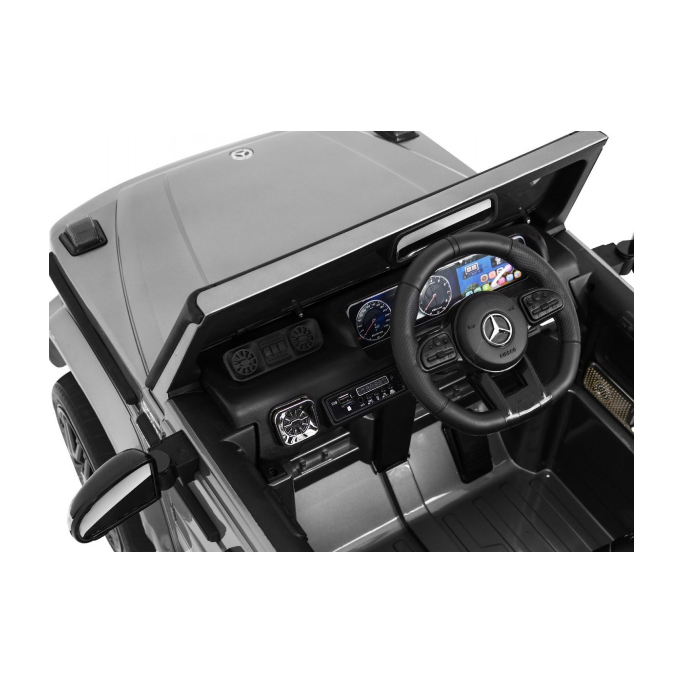 Dětský lak Mercedes AMG G63 stříbrný + dálkové ovládání + MP3 LED + pomalý start + EVA + řemeny