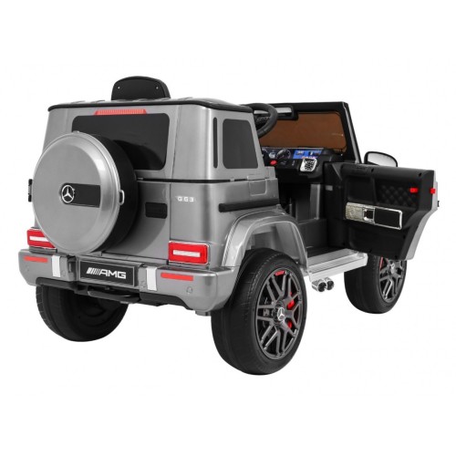 Dětský lak Mercedes AMG G63 stříbrný + dálkové ovládání + MP3 LED + pomalý start + EVA + řemeny