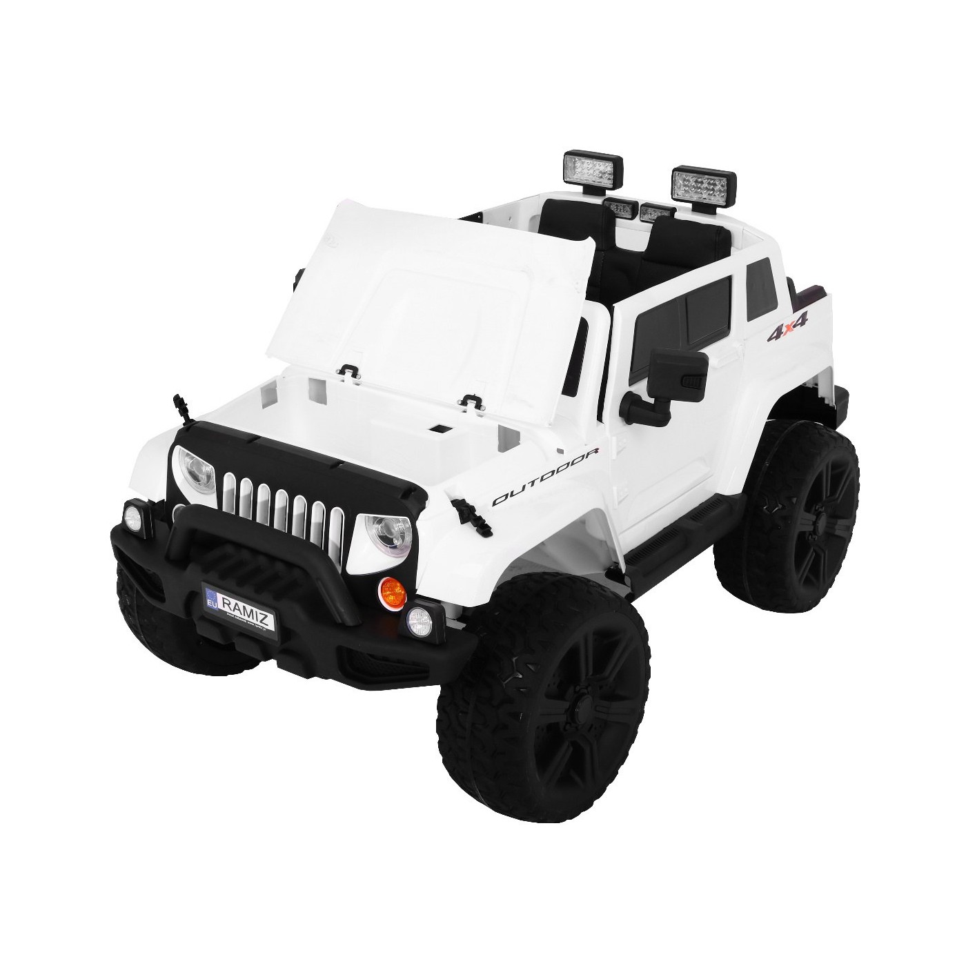Dětský bateriový vůz Mighty Jeep bílá + 2místný + 4x4 pohon + 2 nosiče zavazadel