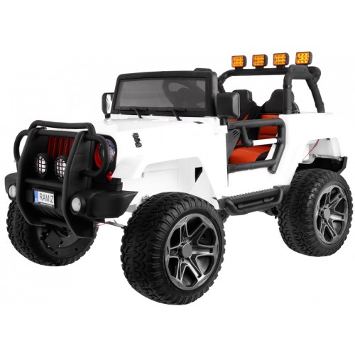 Jeep Monster 4x4 děti off-road auto bílé dálkové nastavení sedadla pomalý start MP3 LED kufr batoh