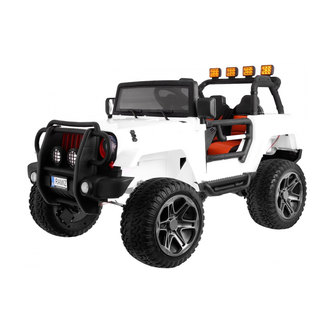 Jeep Monster 4x4 děti off-road auto bílé dálkové nastavení sedadla pomalý start MP3 LED kufr batoh