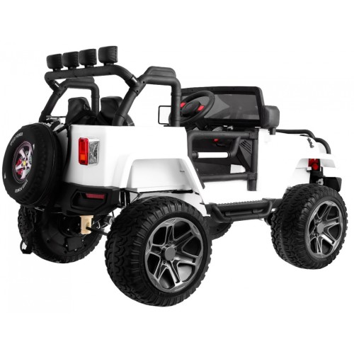 Jeep Monster 4x4 děti off-road auto bílé dálkové nastavení sedadla pomalý start MP3 LED kufr batoh