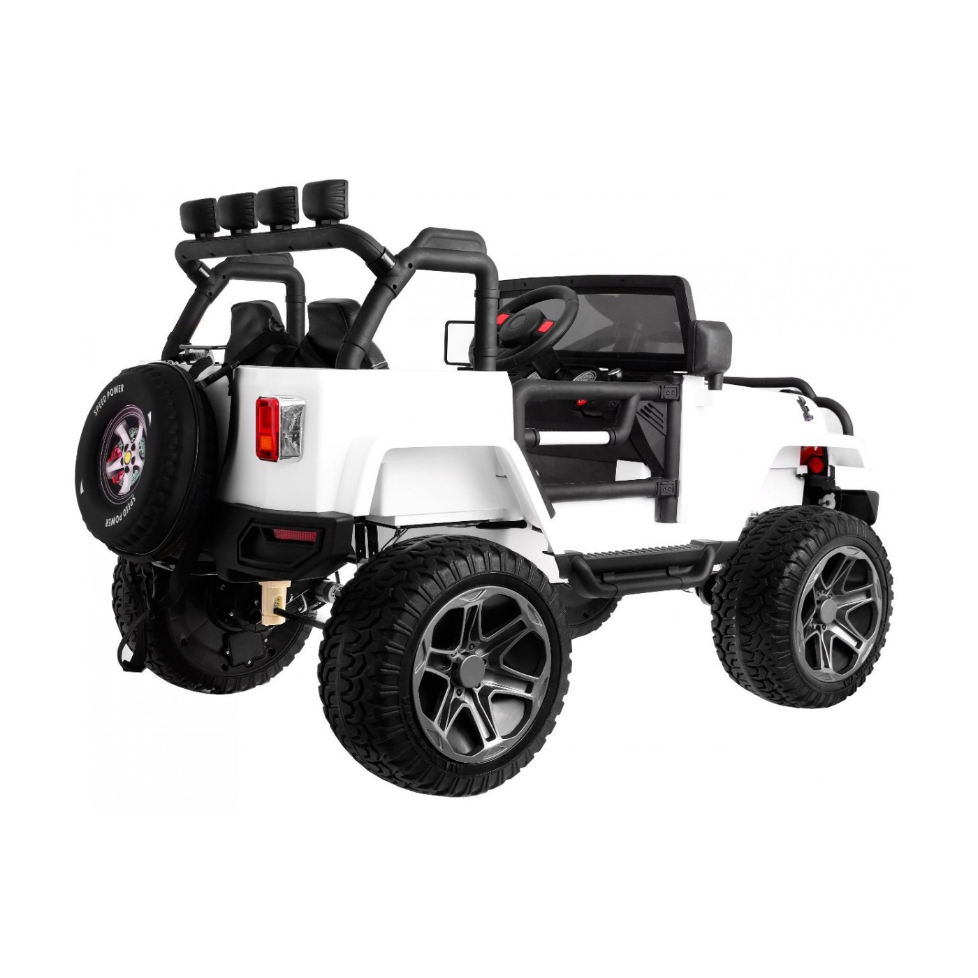 Jeep Monster 4x4 děti off-road auto bílé dálkové nastavení sedadla pomalý start MP3 LED kufr batoh