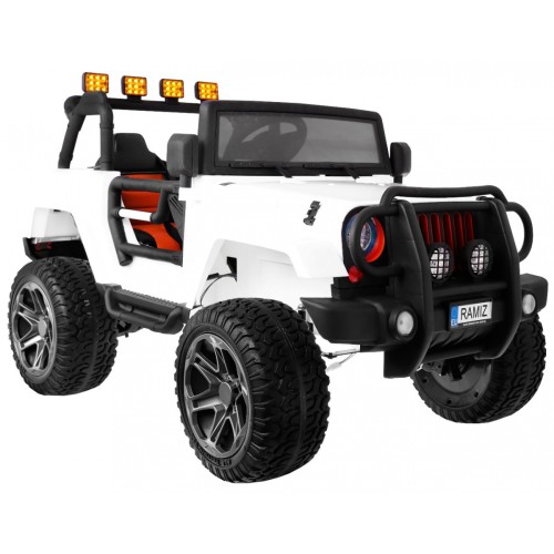 Jeep Monster 4x4 děti off-road auto bílé dálkové nastavení sedadla pomalý start MP3 LED kufr batoh