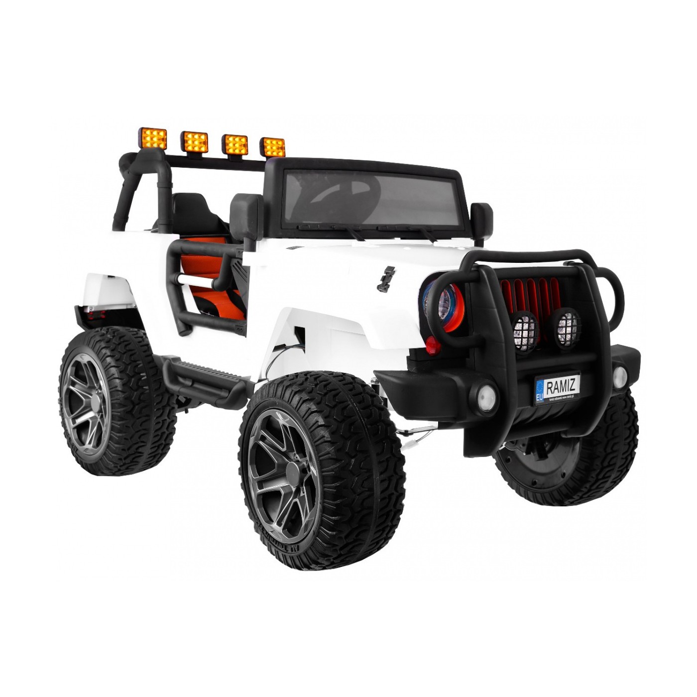Jeep Monster 4x4 děti off-road auto bílé dálkové nastavení sedadla pomalý start MP3 LED kufr batoh