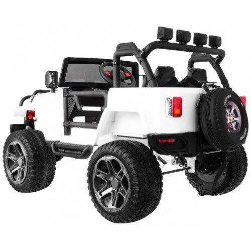 Jeep Monster 4x4 děti off-road auto bílé dálkové nastavení sedadla pomalý start MP3 LED kufr batoh