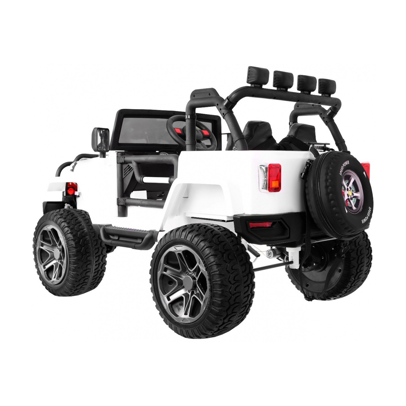 Jeep Monster 4x4 děti off-road auto bílé dálkové nastavení sedadla pomalý start MP3 LED kufr batoh