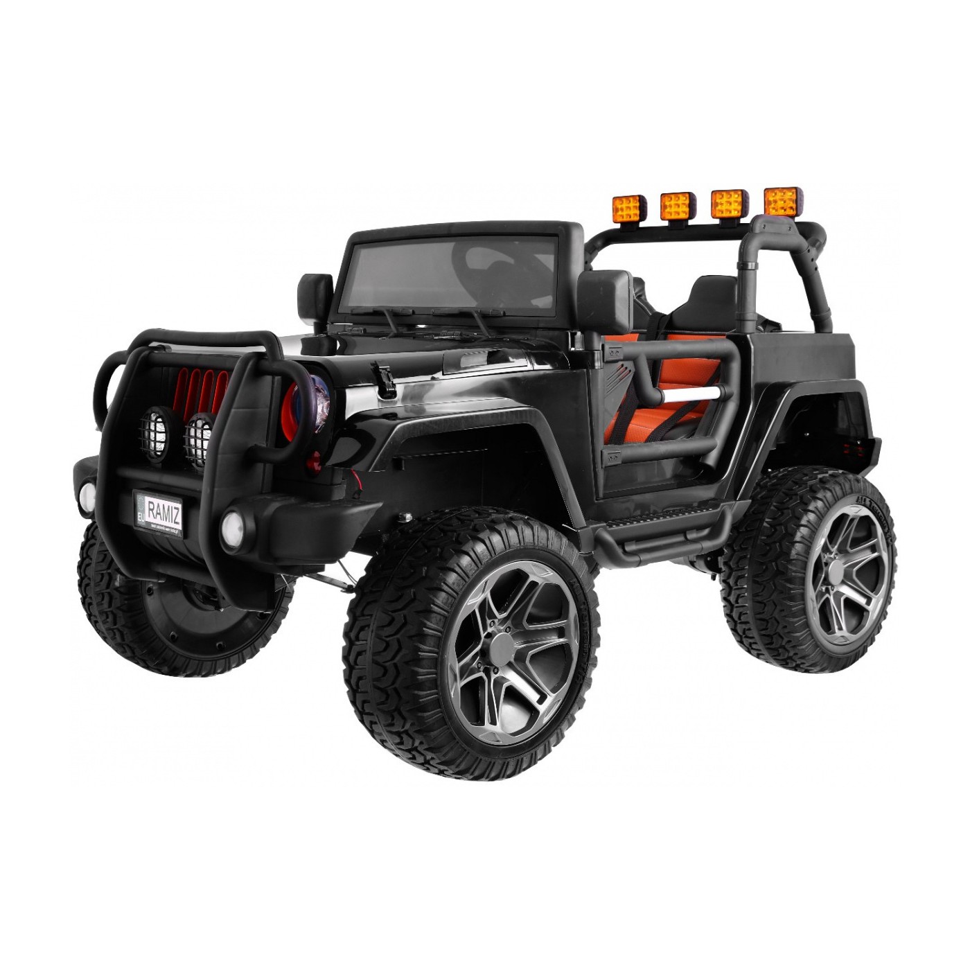 Jeep Monster 4x4 Dětské terénní auto černé + dálkové + nastavení sedadla + pomalý start + MP3 LED + kufr + batoh