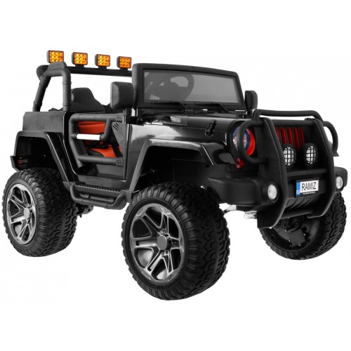 Jeep Monster 4x4 Dětské terénní auto černé + dálkové + nastavení sedadla + pomalý start + MP3 LED + kufr + batoh