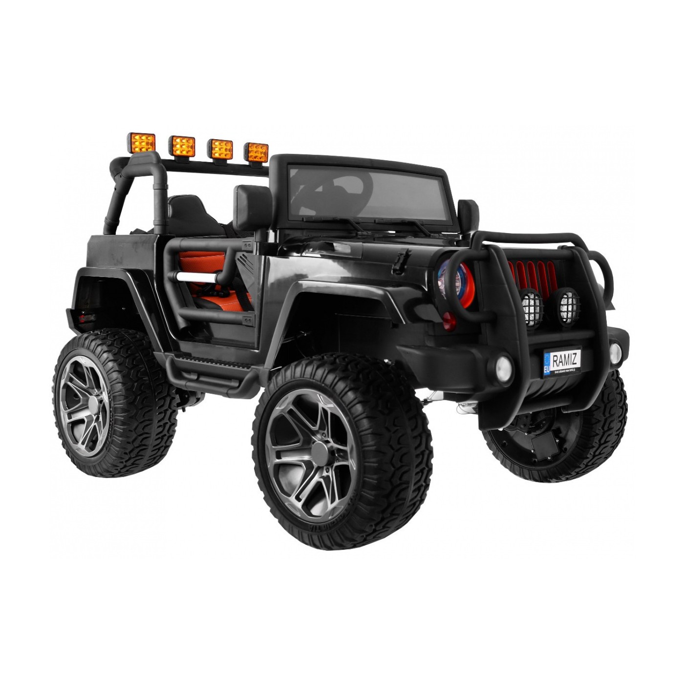 Jeep Monster 4x4 Dětské terénní auto černé + dálkové + nastavení sedadla + pomalý start + MP3 LED + kufr + batoh