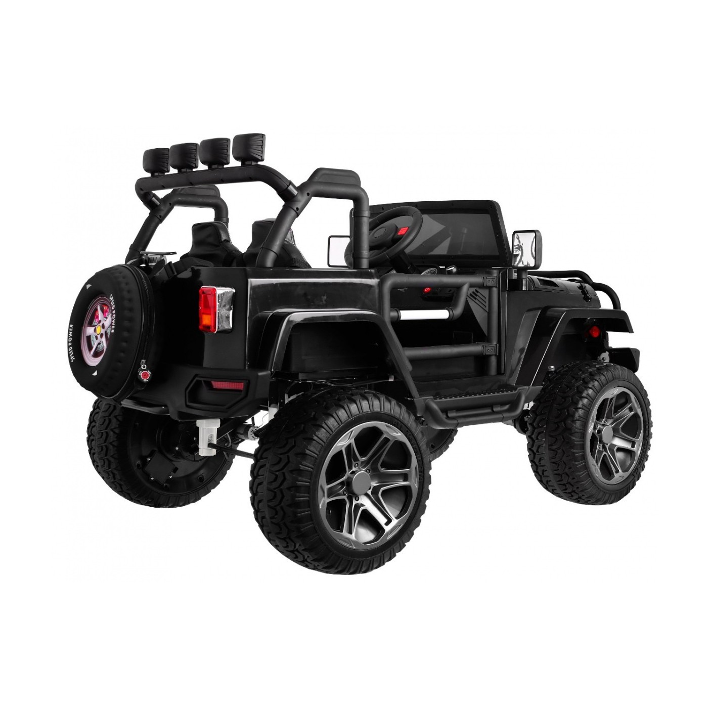 Jeep Monster 4x4 Dětské terénní auto černé + dálkové + nastavení sedadla + pomalý start + MP3 LED + kufr + batoh