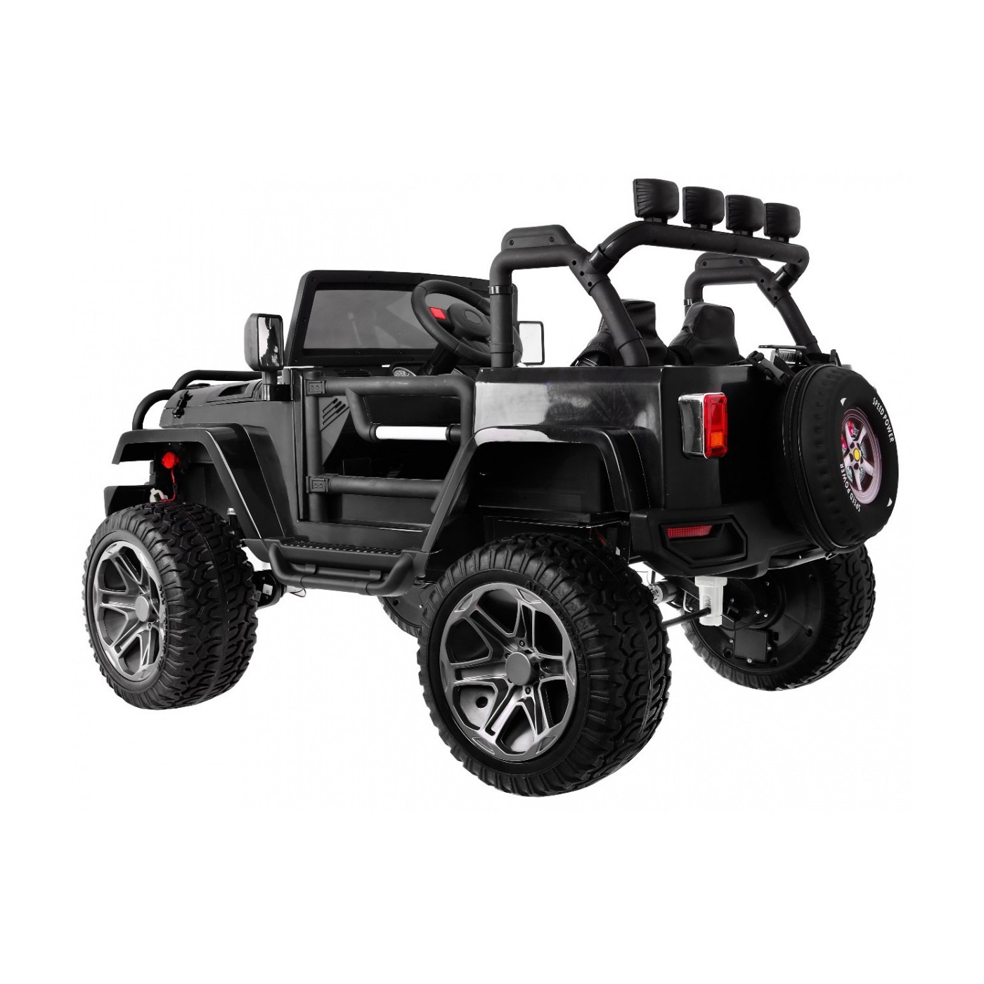 Jeep Monster 4x4 Dětské terénní auto černé + dálkové + nastavení sedadla + pomalý start + MP3 LED + kufr + batoh