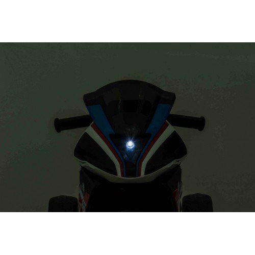 BMW HP4 dětský bateriový motor modrý + 3 kola + LED + MP3 USB + ekologická kůže