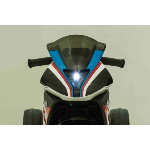 BMW HP4 dětský bateriový motor modrý + 3 kola + LED + MP3 USB + ekologická kůže