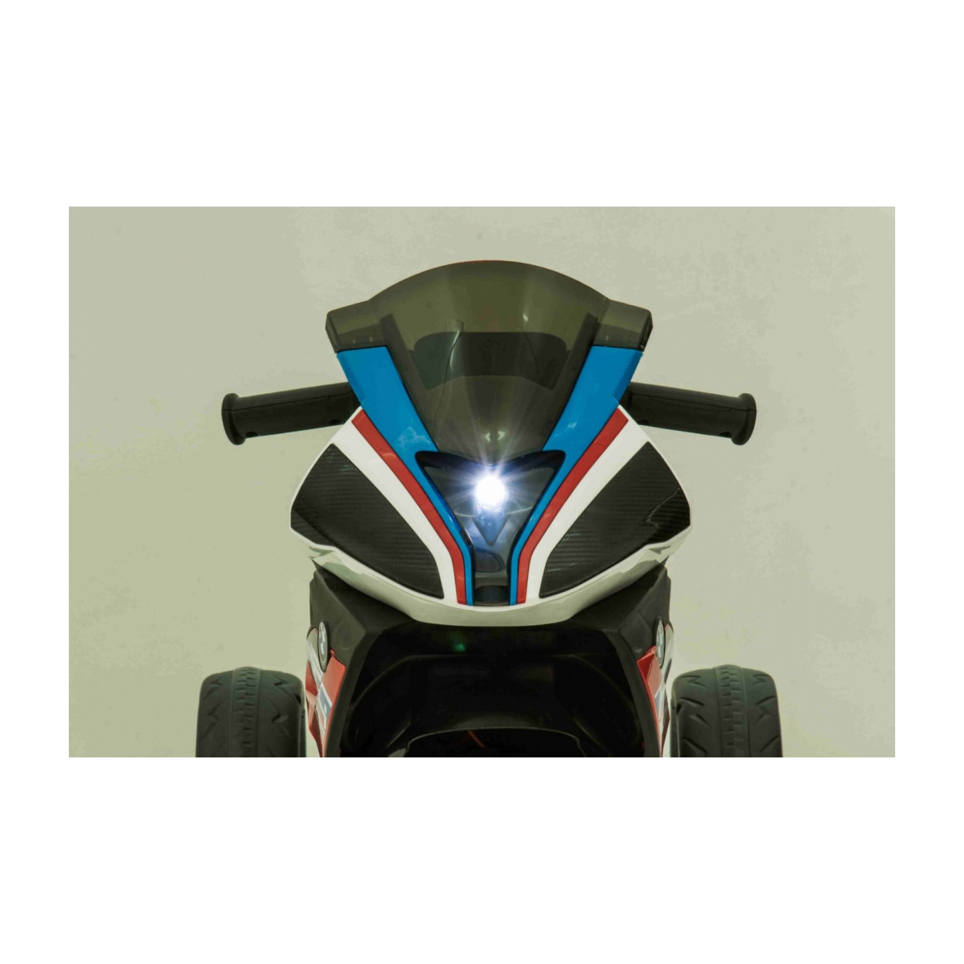 BMW HP4 dětský bateriový motor modrý + 3 kola + LED + MP3 USB + ekologická kůže