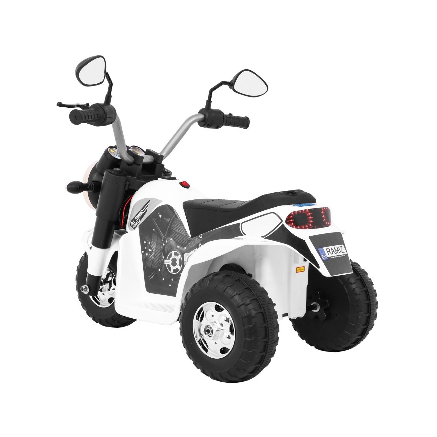 MiniBike Dětské Dobíjecí Kolo Bílý Zvuk LED Světla Eco Kůže