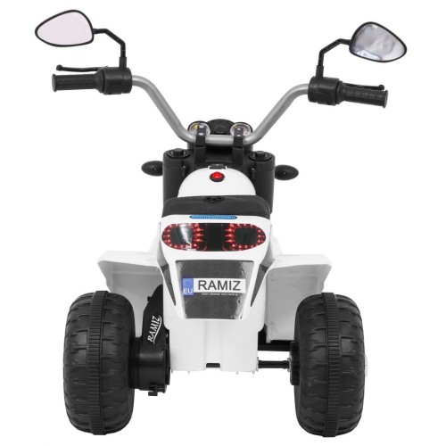 MiniBike Dětské Dobíjecí Kolo Bílý Zvuk LED Světla Eco Kůže
