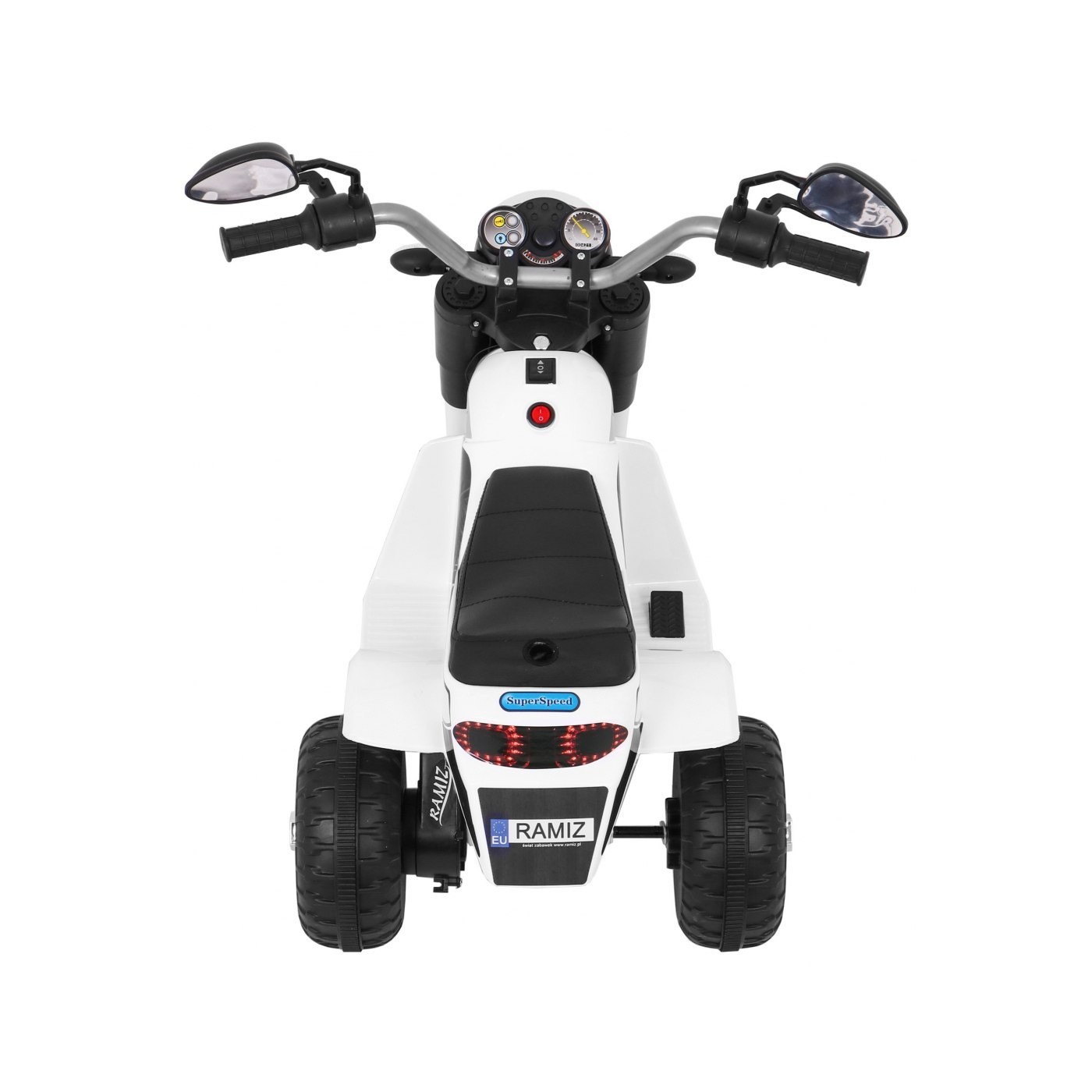 MiniBike Dětské Dobíjecí Kolo Bílý Zvuk LED Světla Eco Kůže