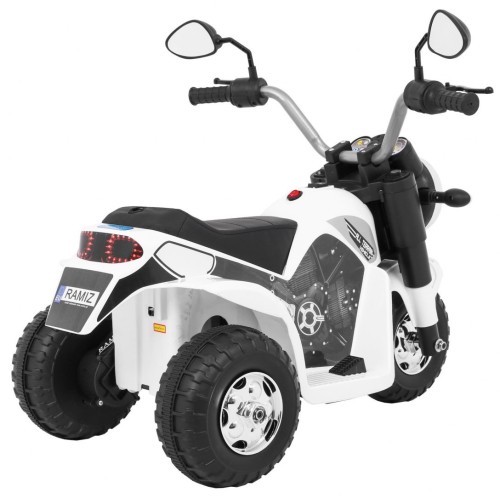 MiniBike Dětské Dobíjecí Kolo Bílý Zvuk LED Světla Eco Kůže