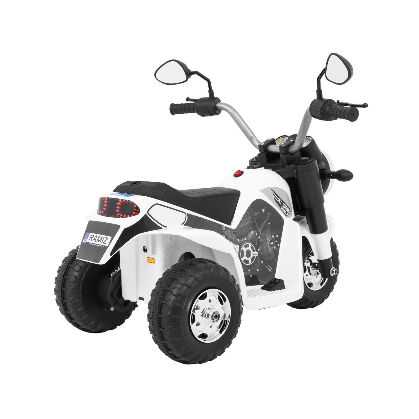 MiniBike Dětské Dobíjecí Kolo Bílý Zvuk LED Světla Eco Kůže
