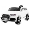 Výtah na baterie Audi Q7 pro děti bílý dálkový pomalý start EVA Eco kůže MP3 LED