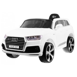 Výtah na baterie Audi Q7 pro děti bílý dálkový pomalý start EVA Eco kůže MP3 LED