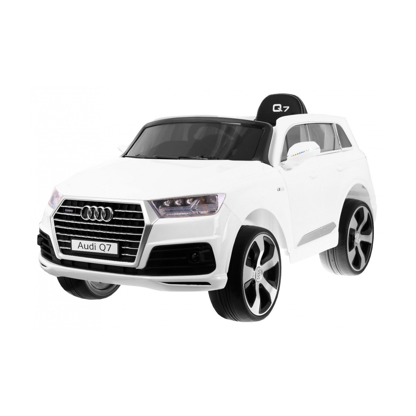 Výtah na baterie Audi Q7 pro děti bílý dálkový pomalý start EVA Eco kůže MP3 LED