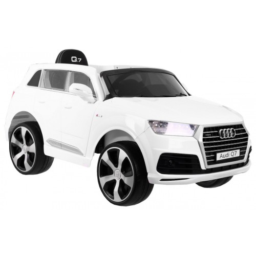 Výtah na baterie Audi Q7 pro děti bílý dálkový pomalý start EVA Eco kůže MP3 LED