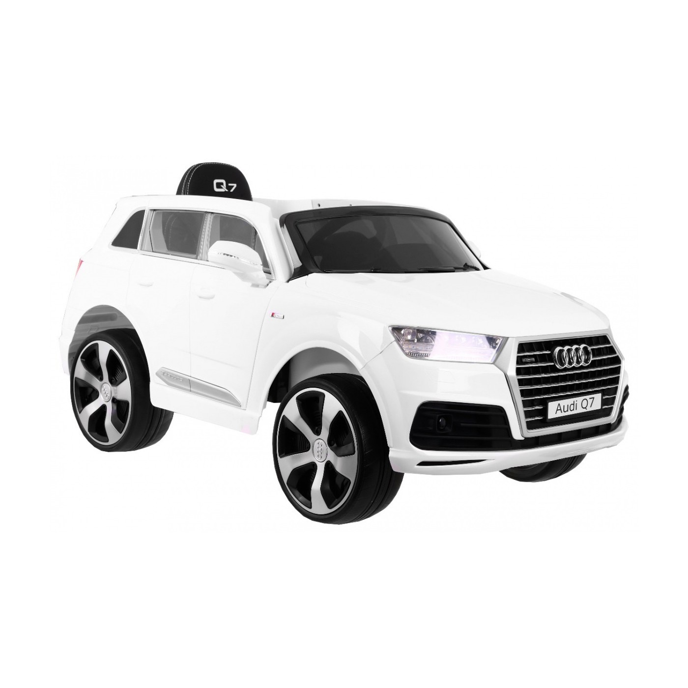 Výtah na baterie Audi Q7 pro děti bílý dálkový pomalý start EVA Eco kůže MP3 LED